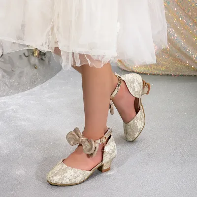 Kids Girls Fashion Elegant Solid Color Hollow Bow High Heel Princess Sandals