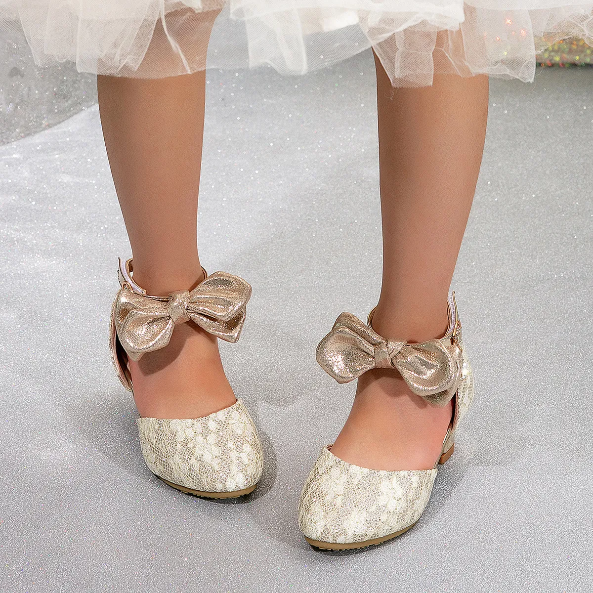 Kids Girls Fashion Elegant Solid Color Hollow Bow High Heel Princess Sandals