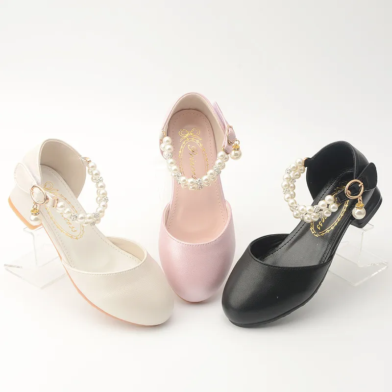 Kids Girls Fashion Solid Color Pearl High-Heeled Leather Sandals