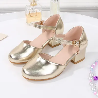 Kids Girls Fashion Solid Color Hollow Thick Heeled Buckle Strap Sandals