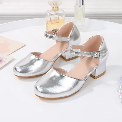 Kids Girls Fashion Solid Color Hollow Thick Heeled Buckle Strap Sandals