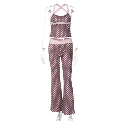 Women Fashion Sexy Summer Polka Dot Print Tank Top Low Waist Pants Two-Piece Set