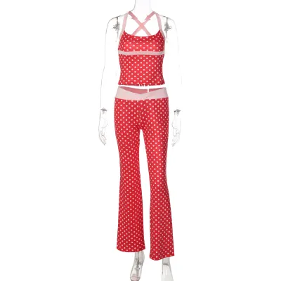 Women Fashion Sexy Summer Polka Dot Print Tank Top Low Waist Pants Two-Piece Set