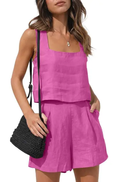 Women Fashion Casual Solid Color Linen Sleeveless Tank Top Loose Shorts Two-Piece Set