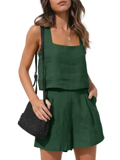 Women Fashion Casual Solid Color Linen Sleeveless Tank Top Loose Shorts Two-Piece Set