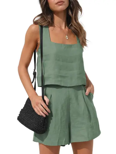 Women Fashion Casual Solid Color Linen Sleeveless Tank Top Loose Shorts Two-Piece Set