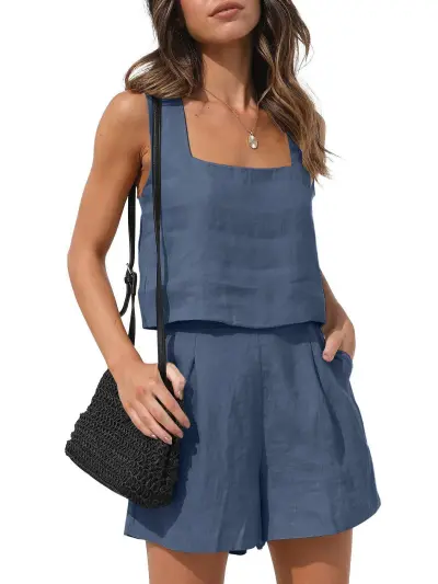 Women Fashion Casual Solid Color Linen Sleeveless Tank Top Loose Shorts Two-Piece Set