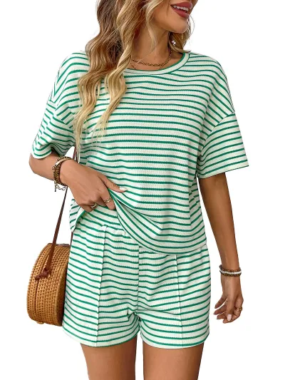 Women Fashion Casual Summer Stripe Round-Neck Short-Sleeve T-Shirt Loose Shorts Two-Piece Set