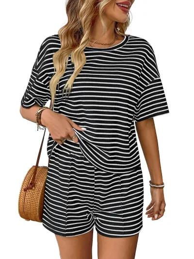 Women Fashion Casual Summer Stripe Round-Neck Short-Sleeve T-Shirt Loose Shorts Two-Piece Set
