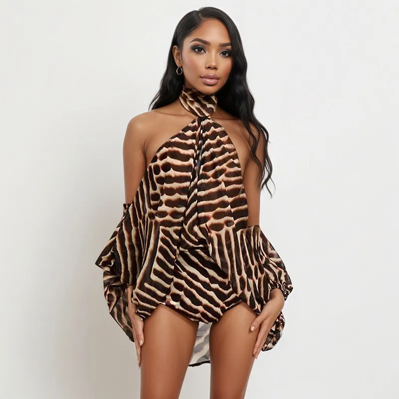 Women Fashion Sexy Summer Sexy Leopard Print Off-Shoulder Long-Sleeve Top Loose Shorts Two-Piece Set