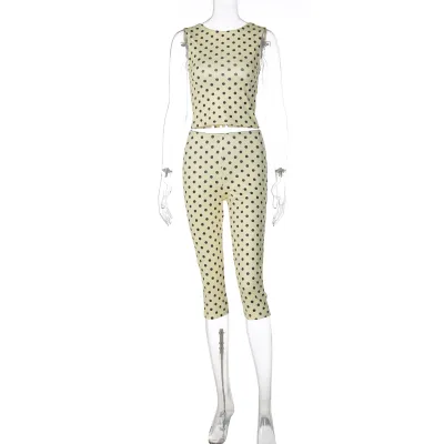 Women Fashion Summer Polka Dot Print Sleeveless Tank Top Cropped Pants Two-Piece Set