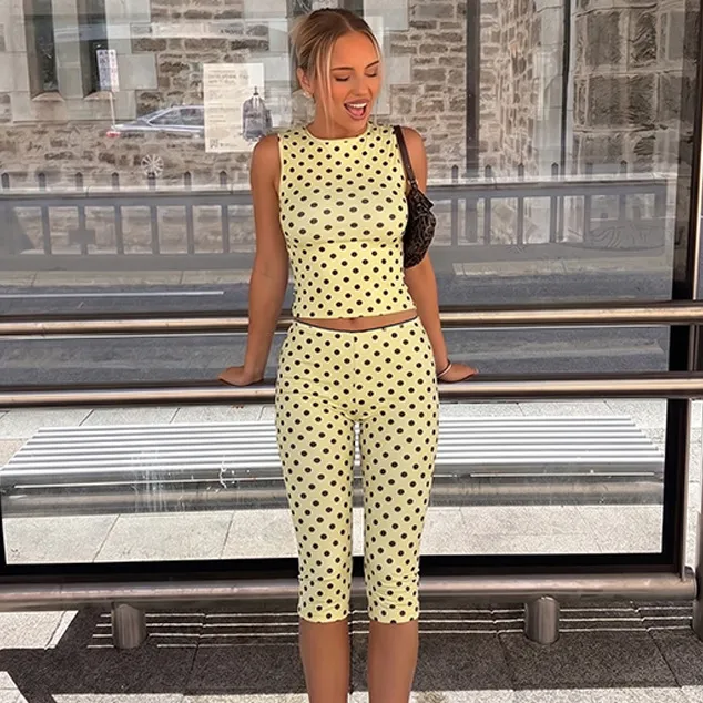 Women Fashion Summer Polka Dot Print Sleeveless Tank Top Cropped Pants Two-Piece Set