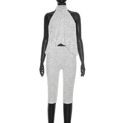 Women Fashion Sexy Summer Solid Color Lace Halter-Neck Sleeveless Backless Top Tight Pants Two-Piece Set