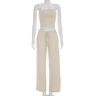 Women Fashion Casual Summer Solid Color Tube Top Drawstring Straight Pants Two-Piece Set