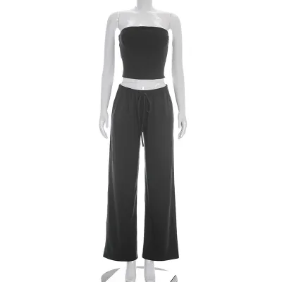 Women Fashion Casual Summer Solid Color Tube Top Drawstring Straight Pants Two-Piece Set