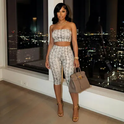 Women Fashion Sexy Summer Snake Print Sleeveless Tube Top Slim-Fit Pants Two-Piece Set