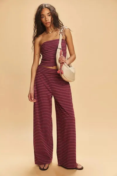 Women Fashion Casual Stripe Color-Matching Tube Top Loose Pants Two-Piece Set