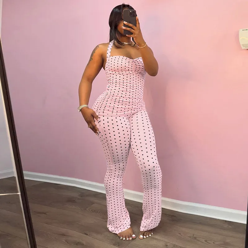 Women Fashion Sexy Summer Polka Dot Print Halter-Neck Top Slim Fit Pants Two-Piece Set