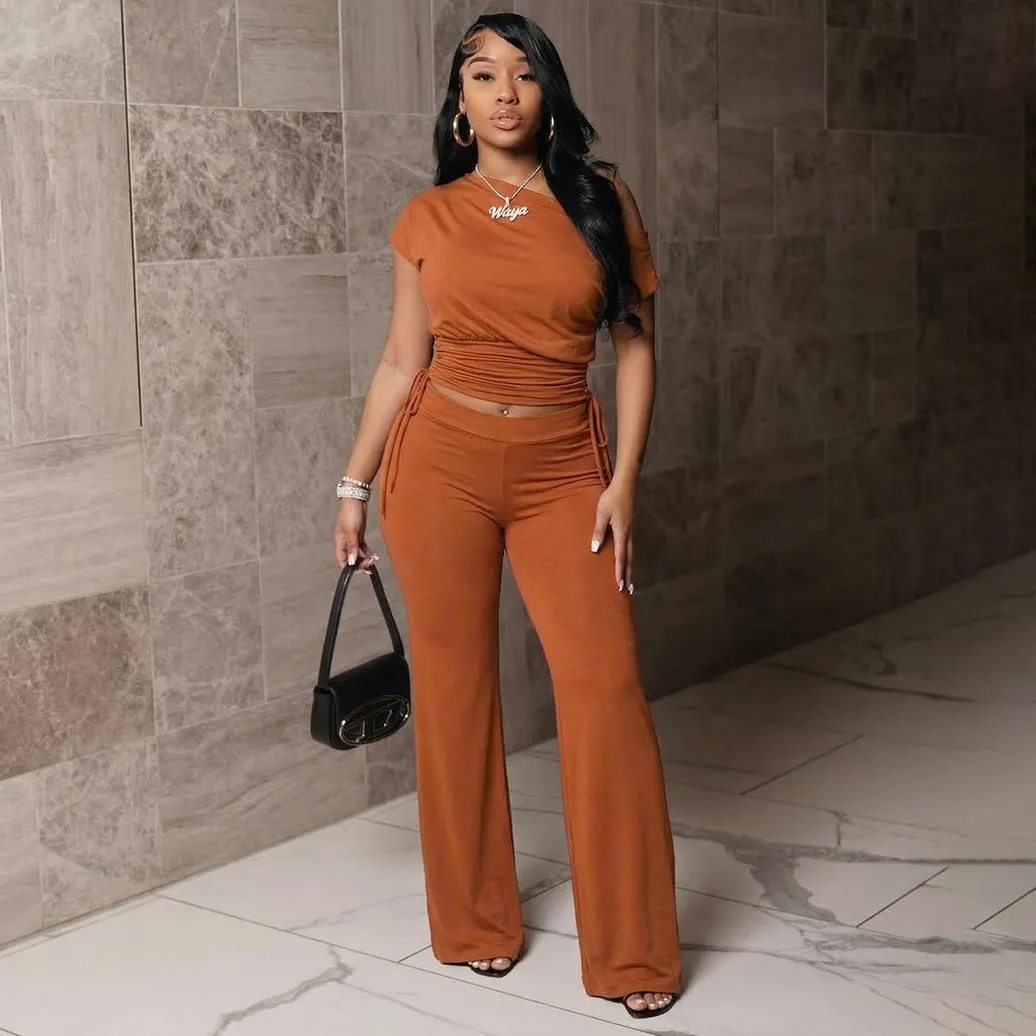 Women Fashion Casual Solid Color Asymmetric Pleated Open Shoulder Crop Top Wide Leg Pants Two-Piece Set