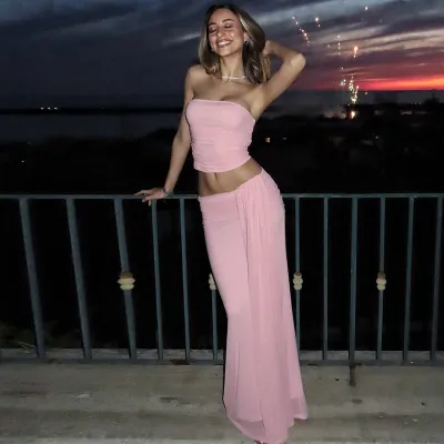 Women Fashion Sexy Summer Solid Color Mesh Stitching Tube Top Maxi Skirts Two-Piece Set
