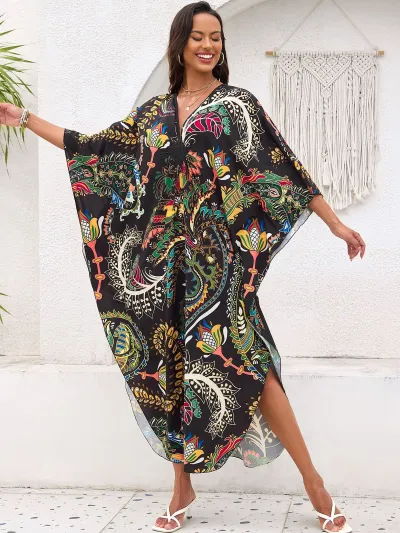 Women Fashion Casual Summer Beach Print V-Neck Long-Sleeve Loose Swimsuit Cover-Ups