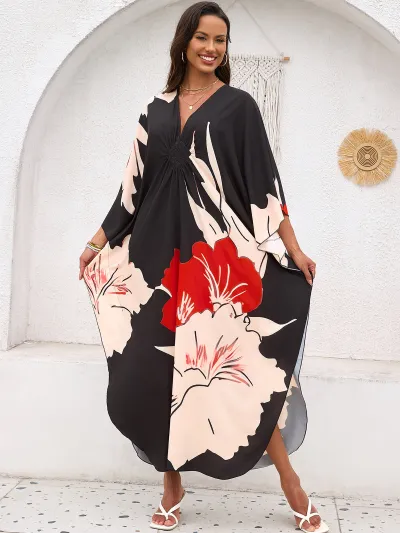 Women Fashion Casual Summer Beach Print V-Neck Long-Sleeve Loose Swimsuit Cover-Ups