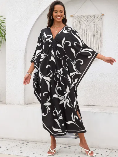 Women Fashion Casual Summer Beach Print V-Neck Long-Sleeve Loose Swimsuit Cover-Ups