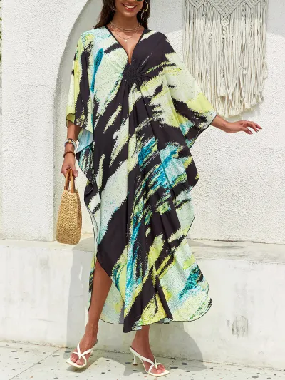 Women Fashion Casual Summer Beach Print V-Neck Long-Sleeve Loose Swimsuit Cover-Ups