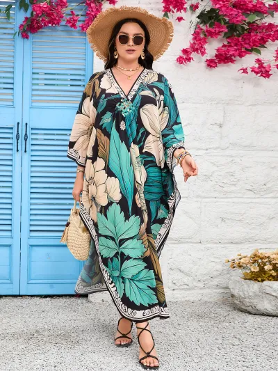 Women Fashion Casual Summer Beach Print V-Neck Long-Sleeve Loose Swimsuit Cover-Ups