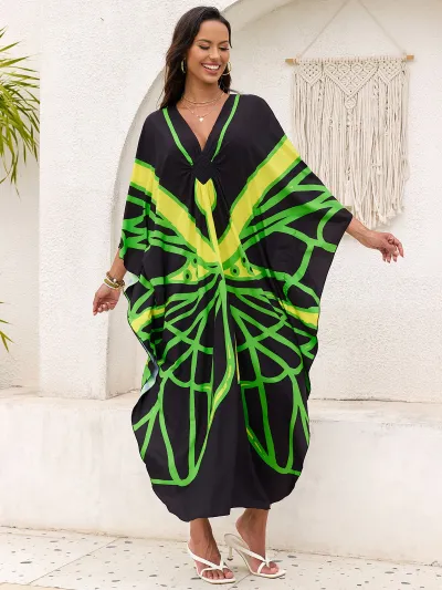 Women Fashion Casual Summer Beach Print V-Neck Long-Sleeve Loose Swimsuit Cover-Ups