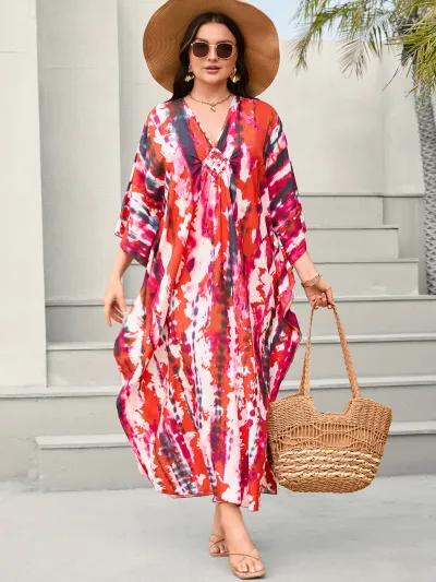 Women Fashion Casual Summer Beach Print V-Neck Long-Sleeve Loose Swimsuit Cover-Ups