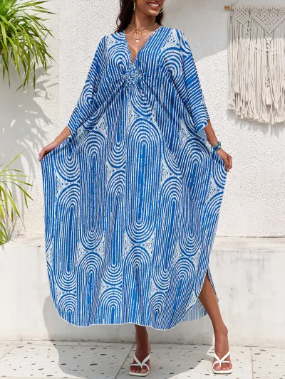 Women Fashion Casual Summer Beach Print V-Neck Long-Sleeve Loose Swimsuit Cover-Ups
