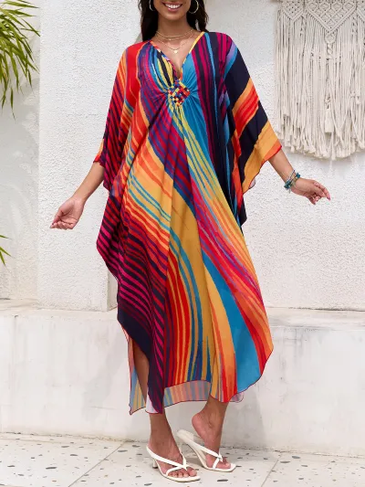 Women Fashion Casual Summer Beach Print V-Neck Long-Sleeve Loose Swimsuit Cover-Ups