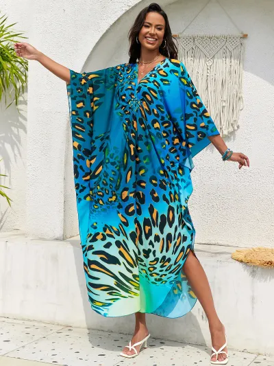 Women Fashion Casual Summer Beach Print V-Neck Long-Sleeve Loose Swimsuit Cover-Ups
