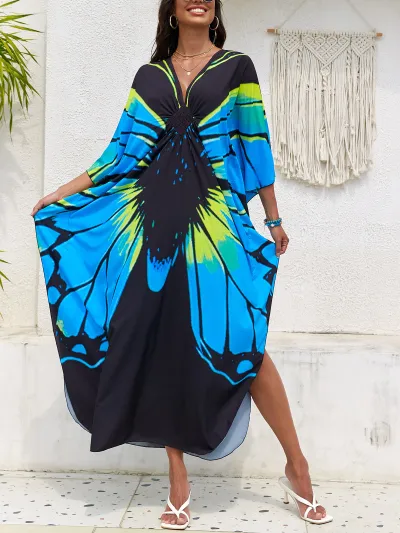 Women Fashion Casual Summer Beach Print V-Neck Long-Sleeve Loose Swimsuit Cover-Ups