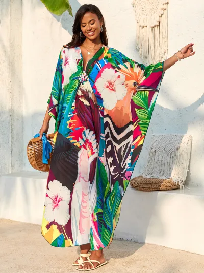 Women Fashion Casual Summer Beach Print V-Neck Long-Sleeve Loose Swimsuit Cover-Ups