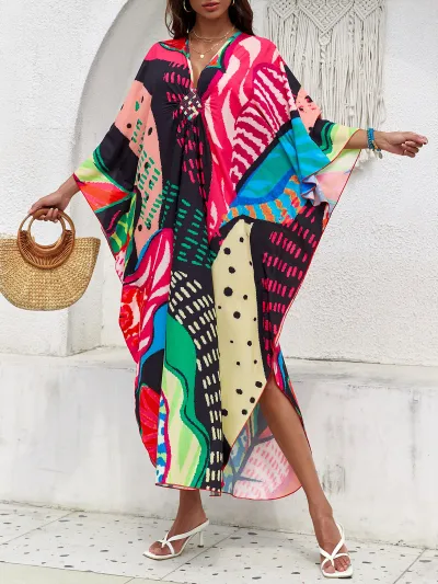 Women Fashion Casual Summer Beach Print V-Neck Long-Sleeve Loose Swimsuit Cover-Ups