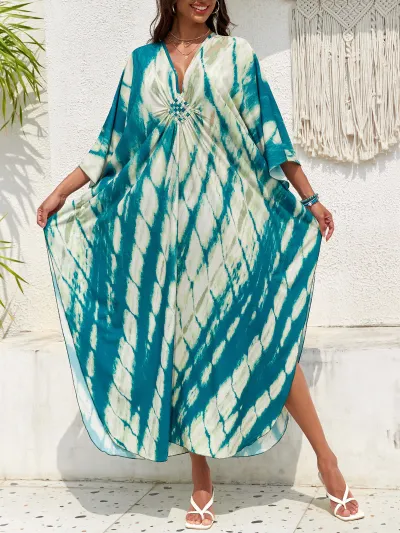 Women Fashion Casual Summer Beach Print V-Neck Long-Sleeve Loose Swimsuit Cover-Ups
