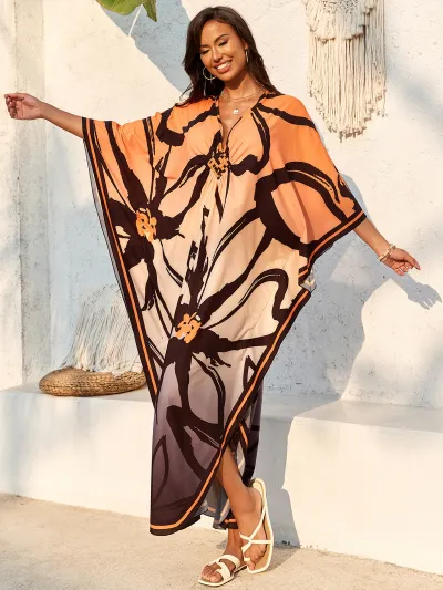 Women Fashion Casual Summer Beach Print V-Neck Long-Sleeve Loose Swimsuit Cover-Ups