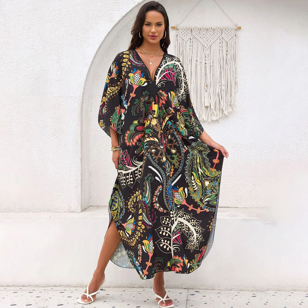 Women Fashion Casual Summer Beach Print V-Neck Long-Sleeve Loose Swimsuit Cover-Ups