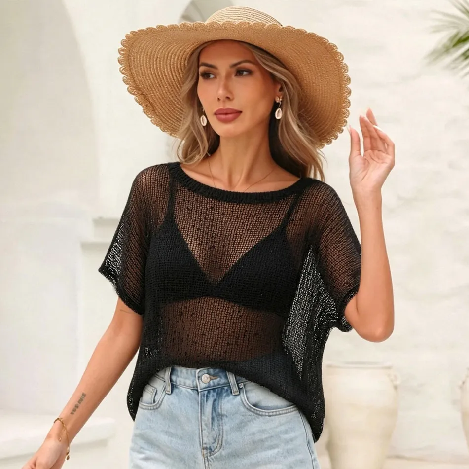 Women Fashion Sexy Solid Color Hollow Short-Sleeve Flash Beach Swimsuit Cover-Ups