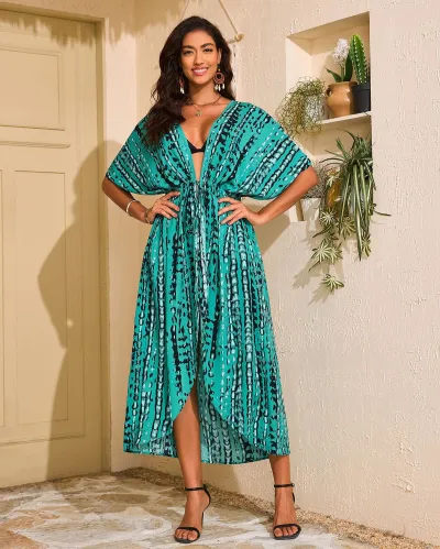 Women Fashion Casual Summer Printed Short-Sleeve Loose Beach Swimsuit Cover-Ups
