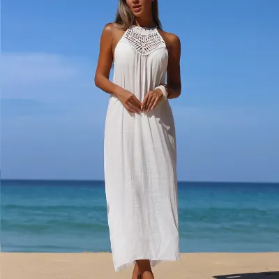 Women Fashion Sexy Summer Solid Color Vacation Beach Stitching Sleeveless Side Split Swimsuit Cover-Ups