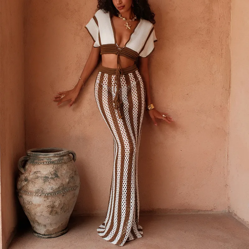 Women Fashion Sexy Summer Resortwear Color Block Top Drawstring Pants Swimsuit Cover-Ups Set