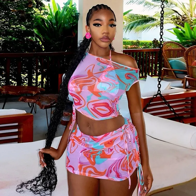 Women Fashion Sexy Summer Resortwear Printed Slant Collar Top Mini Skirts Swimsuit Cover-Ups Three-Piece Set