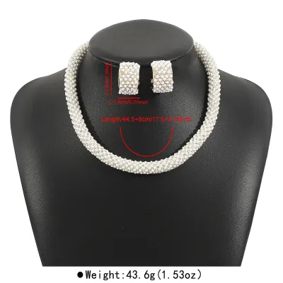 Women Fashion Elegant Pearl Earrings Necklace Jewelry Two-Piece Set