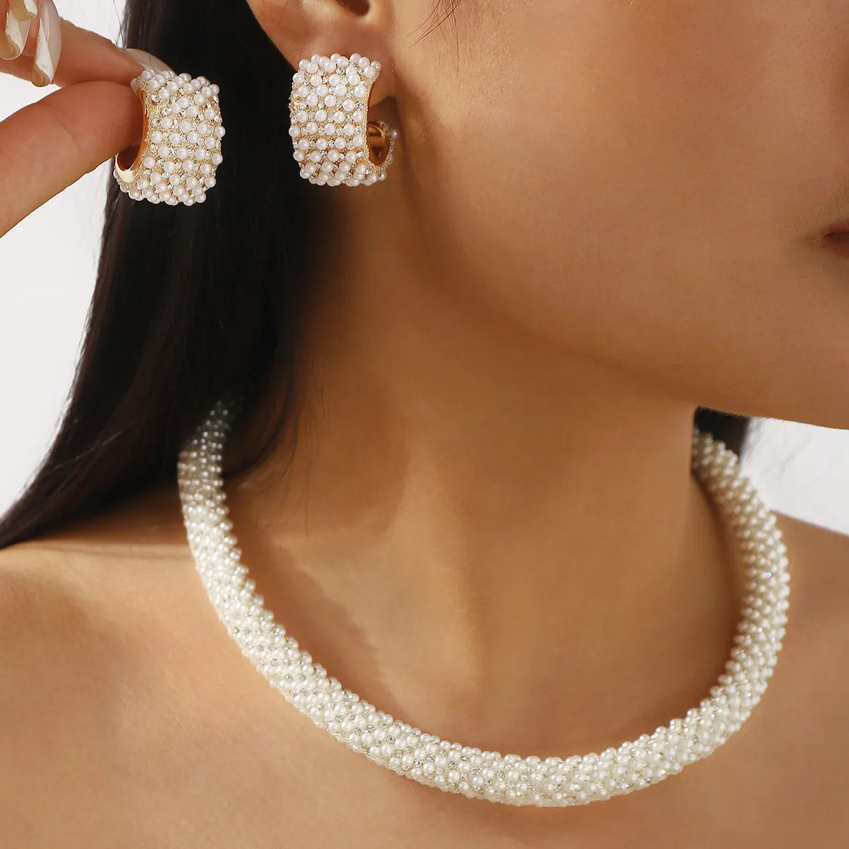Women Fashion Elegant Pearl Earrings Necklace Jewelry Two-Piece Set