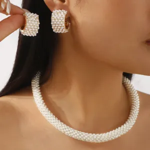 Women Fashion Elegant Pearl Earrings Necklace Jewelry Two-Piece Set