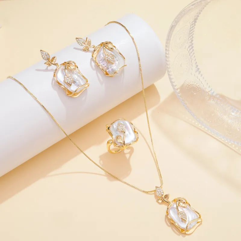 Women Fashion Elegant Baroque Freshwater Pearl Ring Necklace Earrings Three-Piece Set