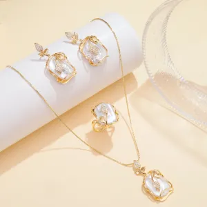 Women Fashion Elegant Baroque Freshwater Pearl Ring Necklace Earrings Three-Piece Set